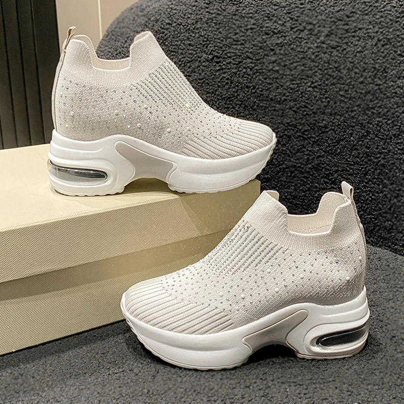 High Quality Shoes Air Cushion lightweight Breathable Sneakers For Women Fashion Rhinestone Platform Slip-on Shoes zapatillas