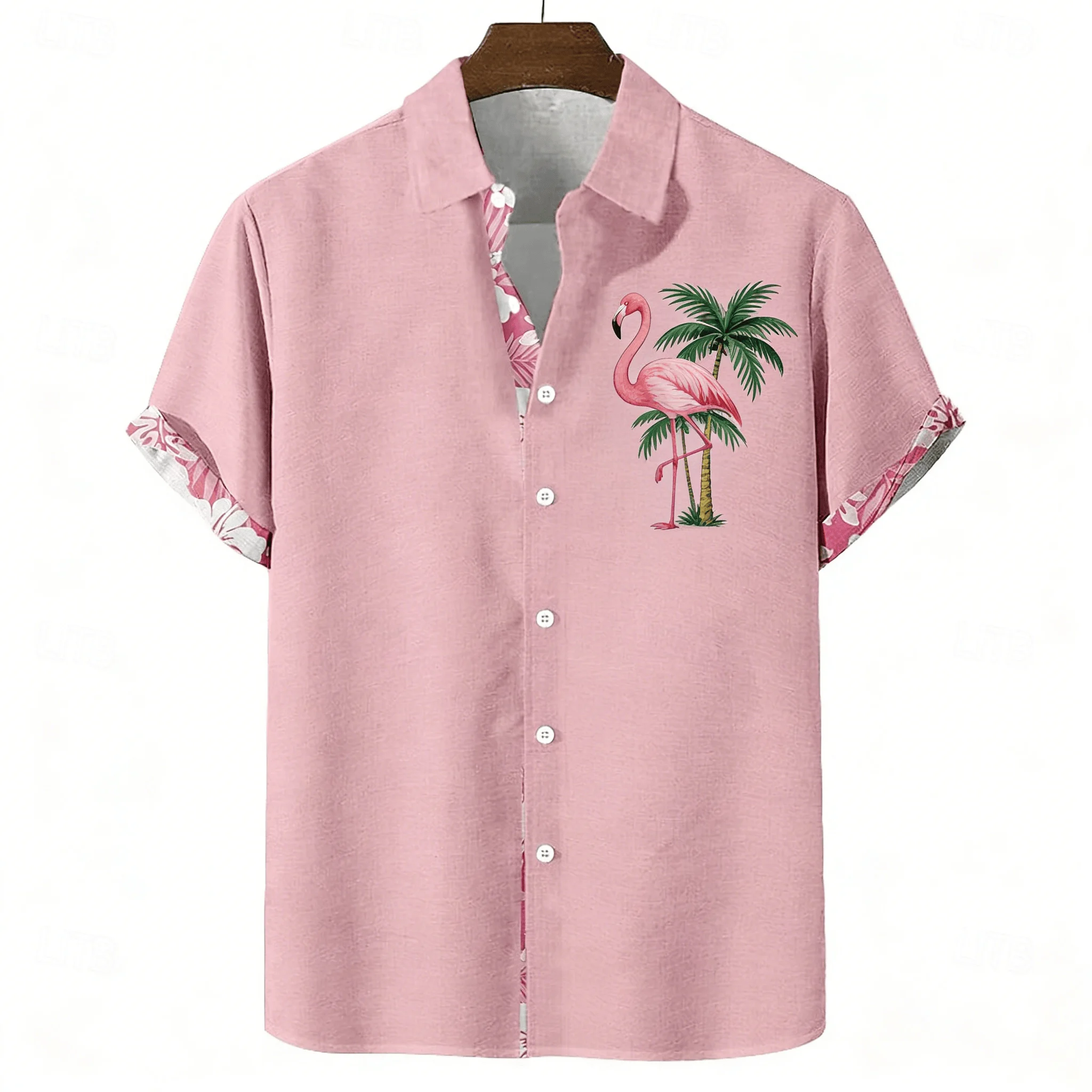 

Men's Pink Coconut Tree Print Short Sleeve Shirt, Spring Summer Gentle Vacation Casual Top, Pocket Lapel Style