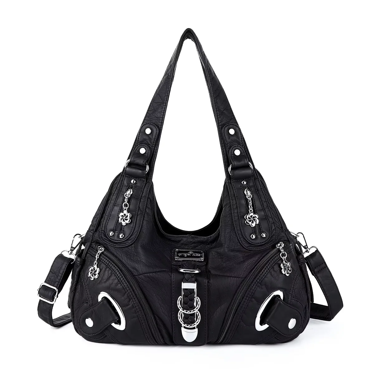 Damenhandtaschen, modische Umhängetasche, große schwarze Tragetasche, Einkaufstasche mit Henkel, mehrere Fächer, Damenhandtasche. – Detail 1