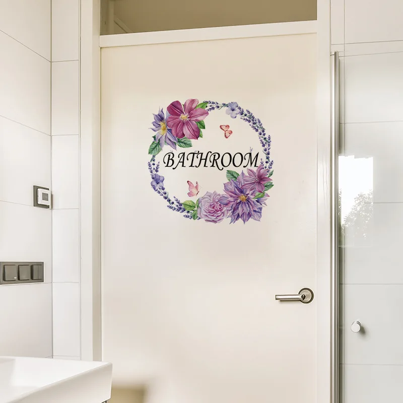 Flower Toilet Door Wall Stickers for Public Place Home Decor Bathroom Toilet WC Entrance Sign Wall Decals Vinyl Art Toilet Decor
