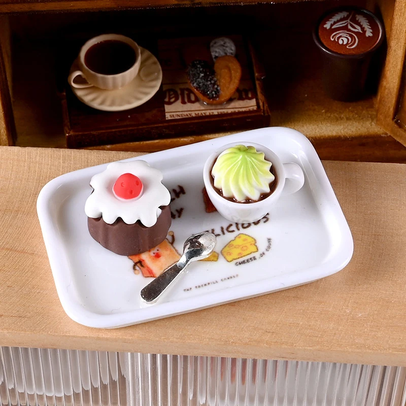 1 Juego de bandeja de tenedor de café para pastel en miniatura, modelo de comida, cocina 1:12, decoración para casa de muñecas, juguete para accesorios para casa de muñecas