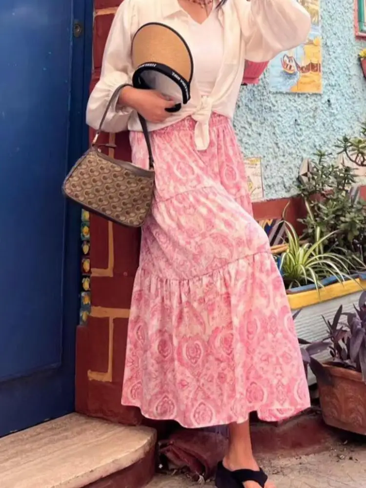 

French Retro Women Sweet Pink Print Elegant Versatile Party Long Skirt Summer High Waist Vacation Half Skirt Bohemian Streetwear