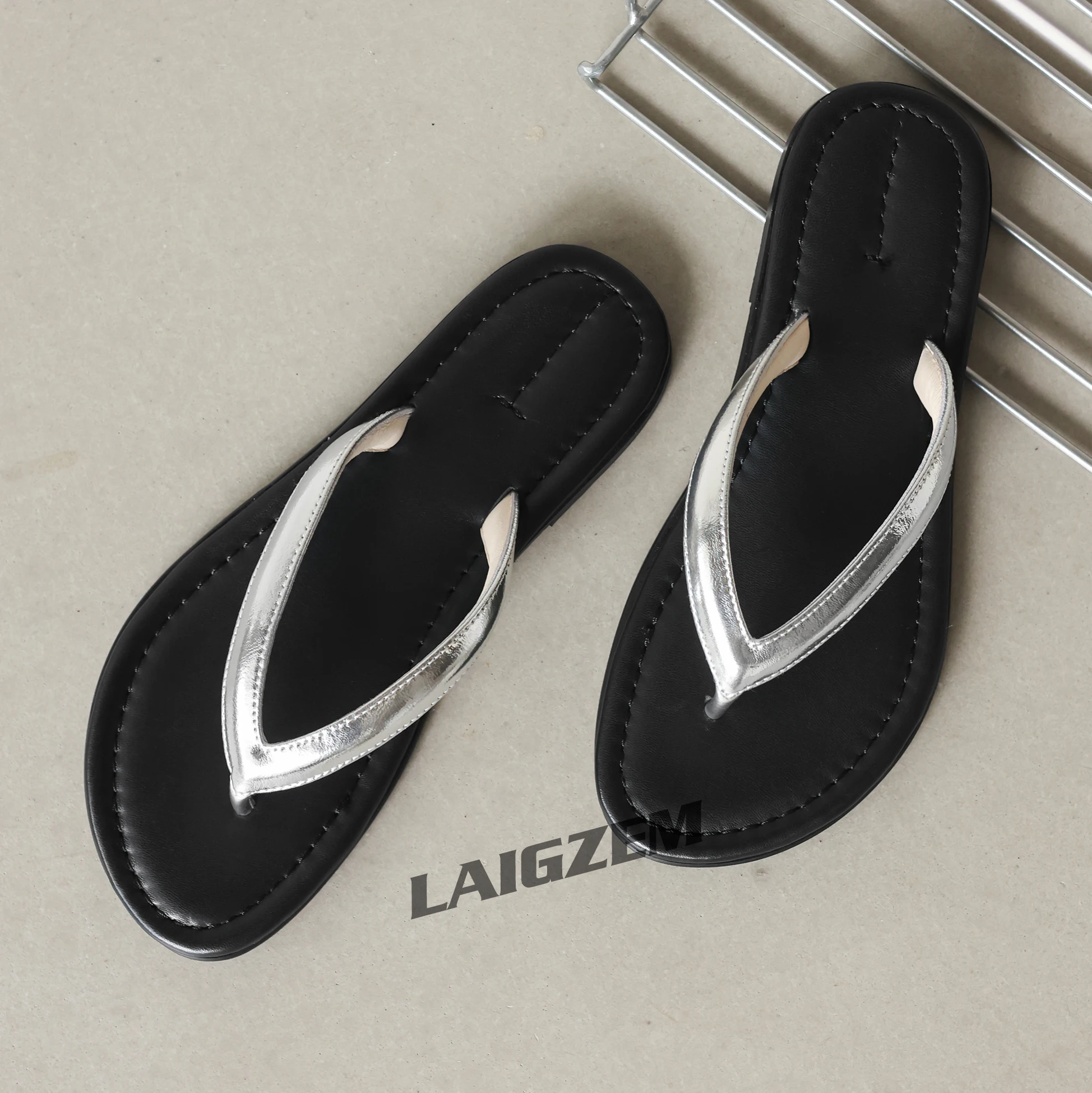 LAIGZEM Women Sandals Real Leather Slip On Flip Flop Flat Heels Pumps Party Prom Wedding Ladies Shoes Woman Large Size 33 38 43