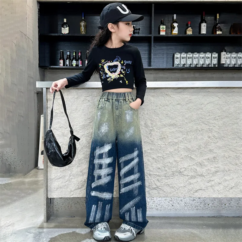 Kids Jeans for Girls Fashion Graffiti Dyeing 2024 Spring Autumn Hot Sales Teenager Unique Wide Leg Pants Korean Style Trousers