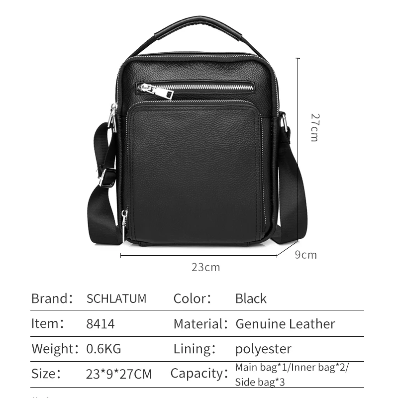 SCHLATUM Genuine Leather Men Crossbody Shoulder Bag Cowhide Black Messenger Bag for iPad Big Size Men\'s Handbags Casual Business