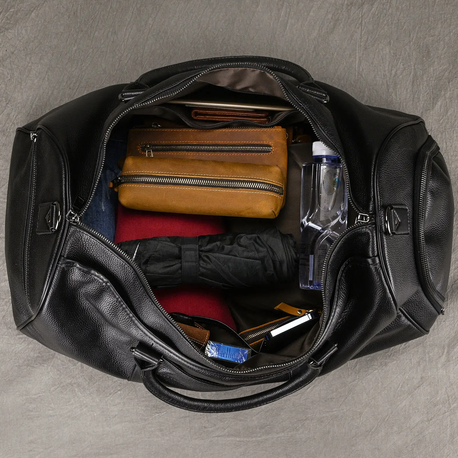 Bolsa de viaje de cuero genuino para hombre, bolso de mano de gran capacidad, negro, para fin de semana, equipaje de mano, bolsa deportiva