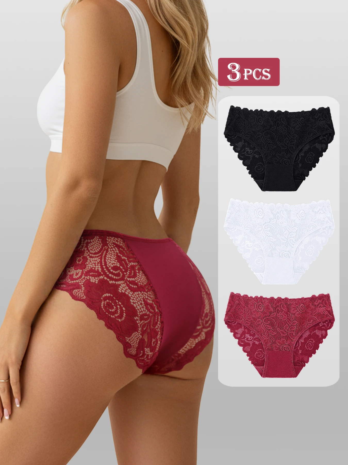3 piece lace trim underwear for women Set  Red/White/Black fashion breathable panty for Everyday Essential items  All-Day Comfor