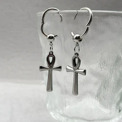 Egyptian Ankh Cross Drop Earrings Religious Key of Life Symbol Stainless Steel Hoop Earrings for Women Men