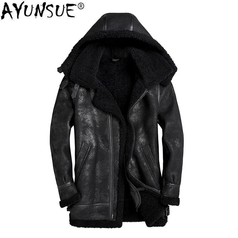 AYUNSUE Real Genuine Leather Jacket Men Hooded Winter Sheepskin Coat Vintage Wool Fur Coats Men's Jackets KJ3295