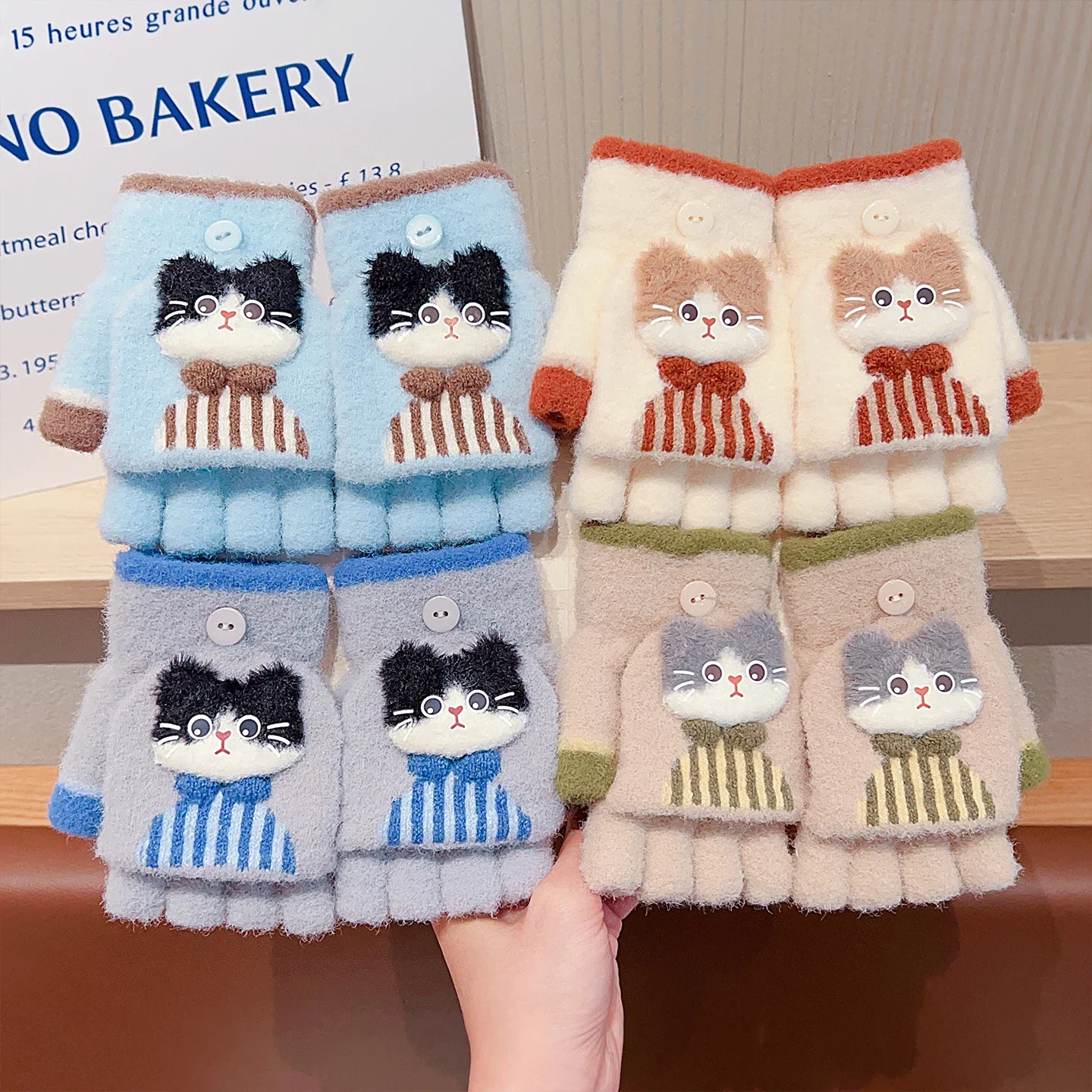 2026 Korean Children Cute Cartoon Cat Flip Plush Mittens Winter Warm Convertible Half Finger Gloves For Girls Boys Kids Outdoor