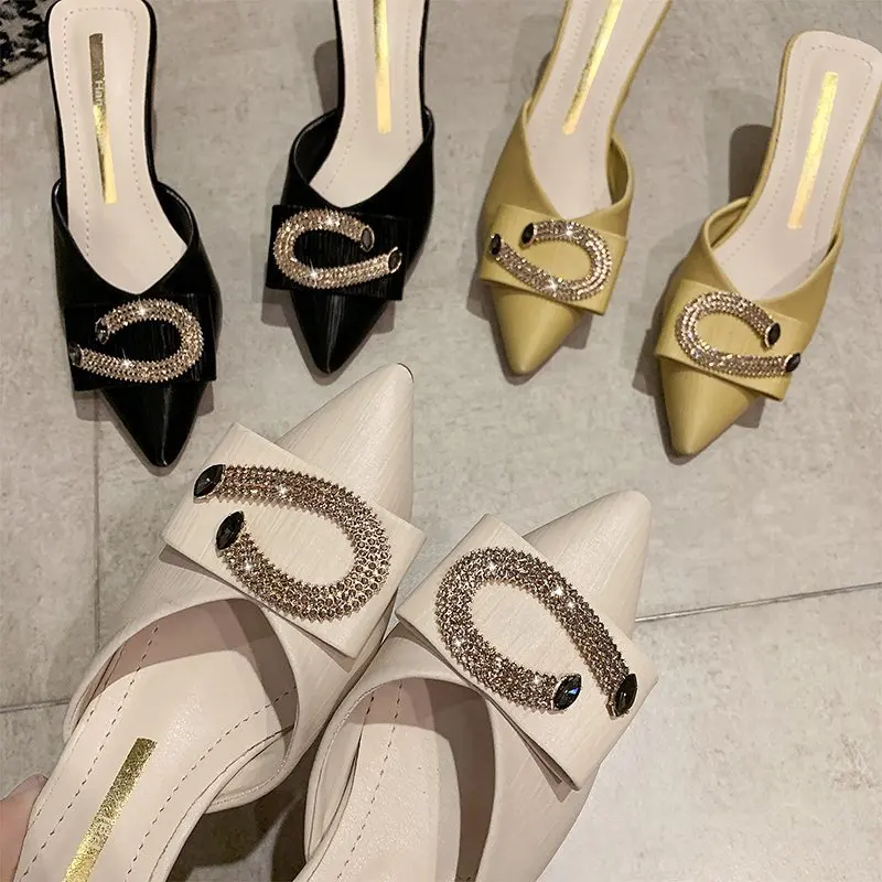 Rhinestone Square Buckle Slipper Women Shoes Woman 2026 Summer New Thin High Heels Pointed Toe Slippers Slides Sexy Ladies Shoes