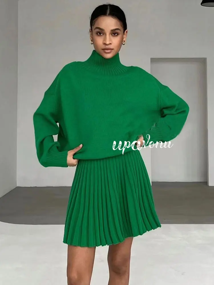 Women Pleated Skirt Suit 2022 New High Neck Long Sleeve Loose Pullover Knit Sweater & High Waist A Line Mini Skirt Two Piece Set