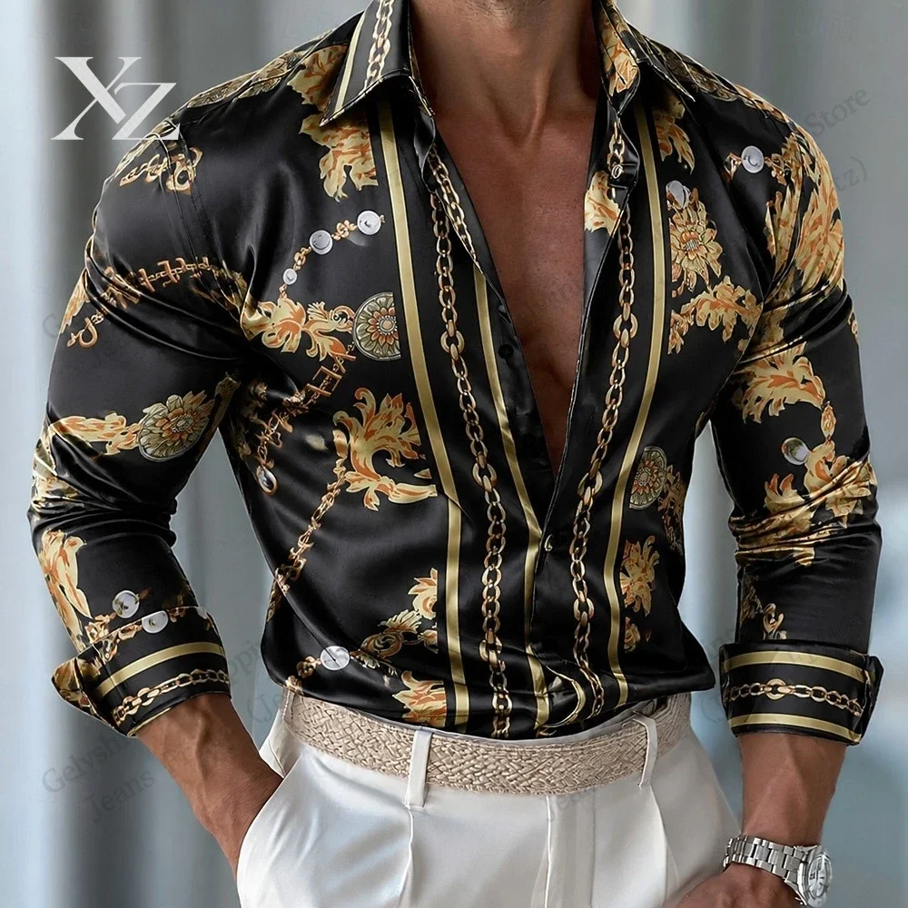 Men Golden Chain Long Sleeve Shirt Eu Style Texture 3d Print Shirt Men Women Fashion Soft Fit Blouse Men Clothes Business Office