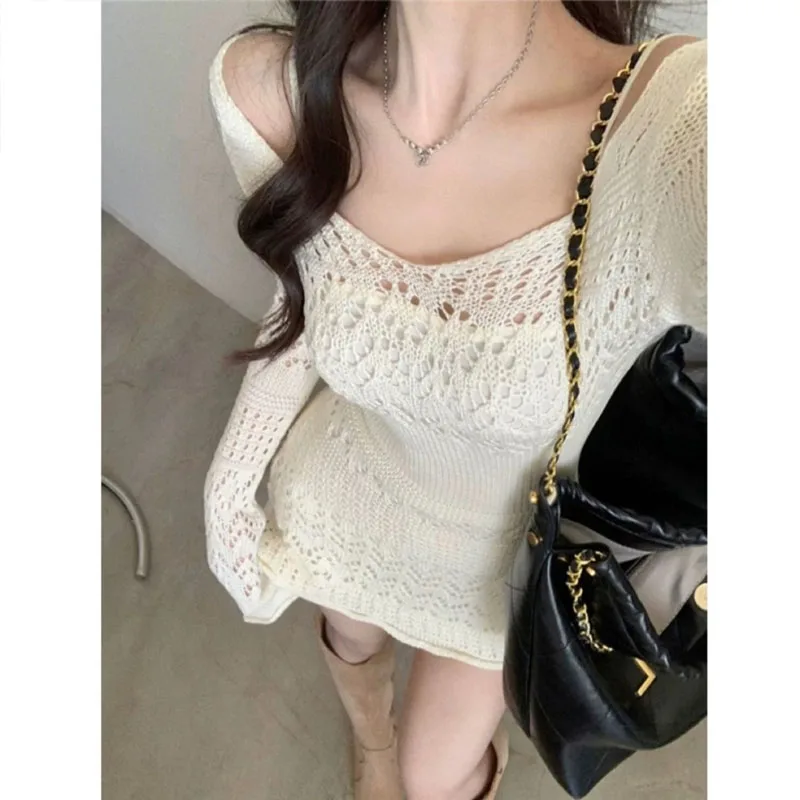 Bohemia Cover Up Shirt Female Summer Extravasation Hollow Solid Color V-neck Crochet Gentle Dress Short Corset Hip Wrap Skirt