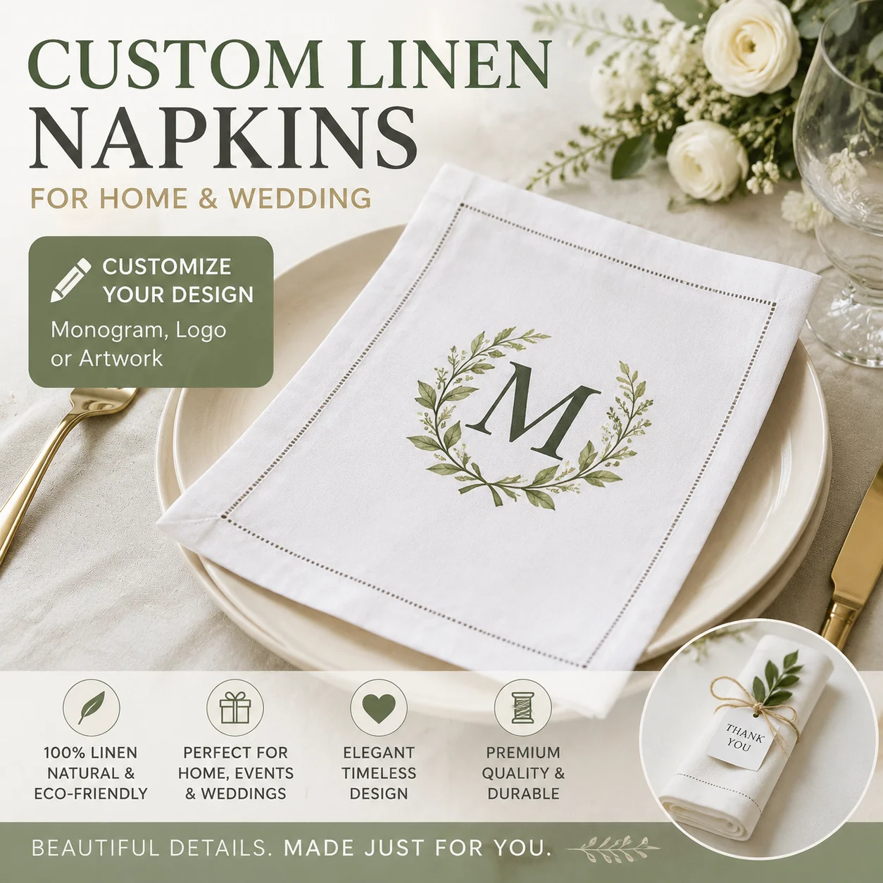 Premium Custom Linen Napkins Elegant Monogram Cloth Napkins for Luxury Wedding Table Decor Family Dinner Reusable Washable