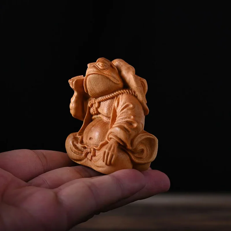 Solid wood carving Fortune telling Golden Toad sculptures and figurines Cute Home Room Office Wealth Luck Feng Shui Decor