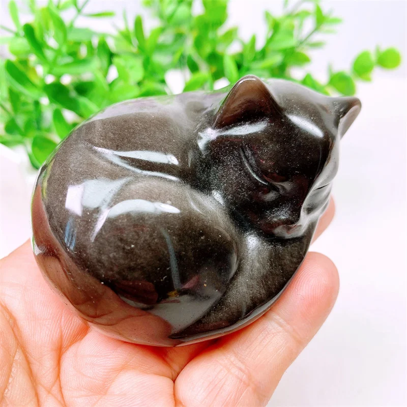 Natural Silver Obsidian Sleeping Cat Carving, Quartz Healing Crystal Stone, Cute Birthday Present, Home Decoration, 1Pc, 8cm