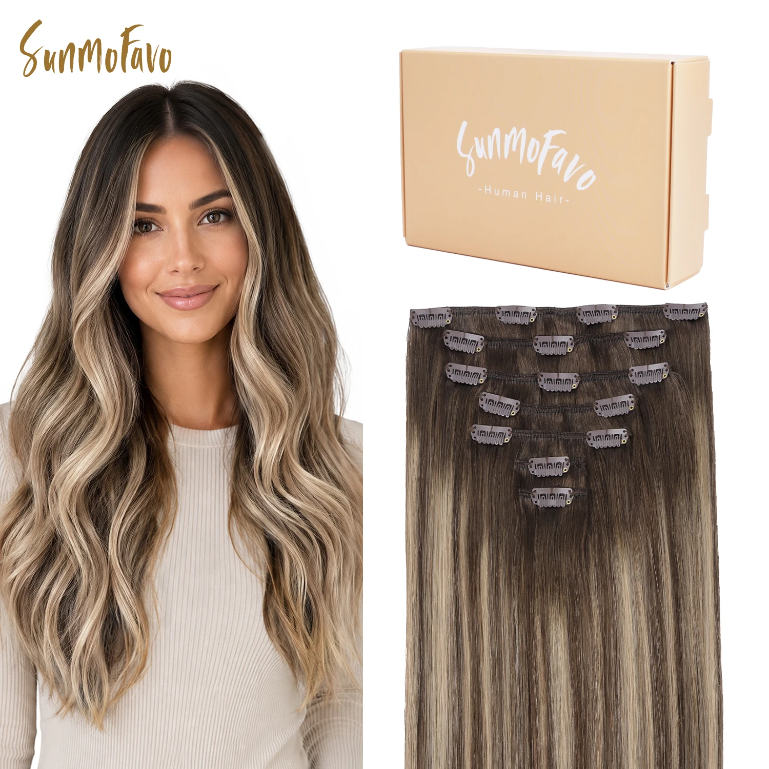 Sunmofavo – Extensions de cheveux naturels à clipser, style Balayage, sans couture, brésiliens Remy, 5/7 pièces, 120G, ensemble complet pour la tête, à clipser pour femmes