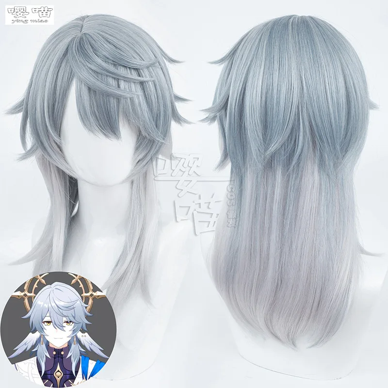 Jogo honkai: star rail domingo peruca cosplay 48cm azul cinza resistente ao calor cabelo sintético anime cosplay perucas halloween das mulheres dos homens