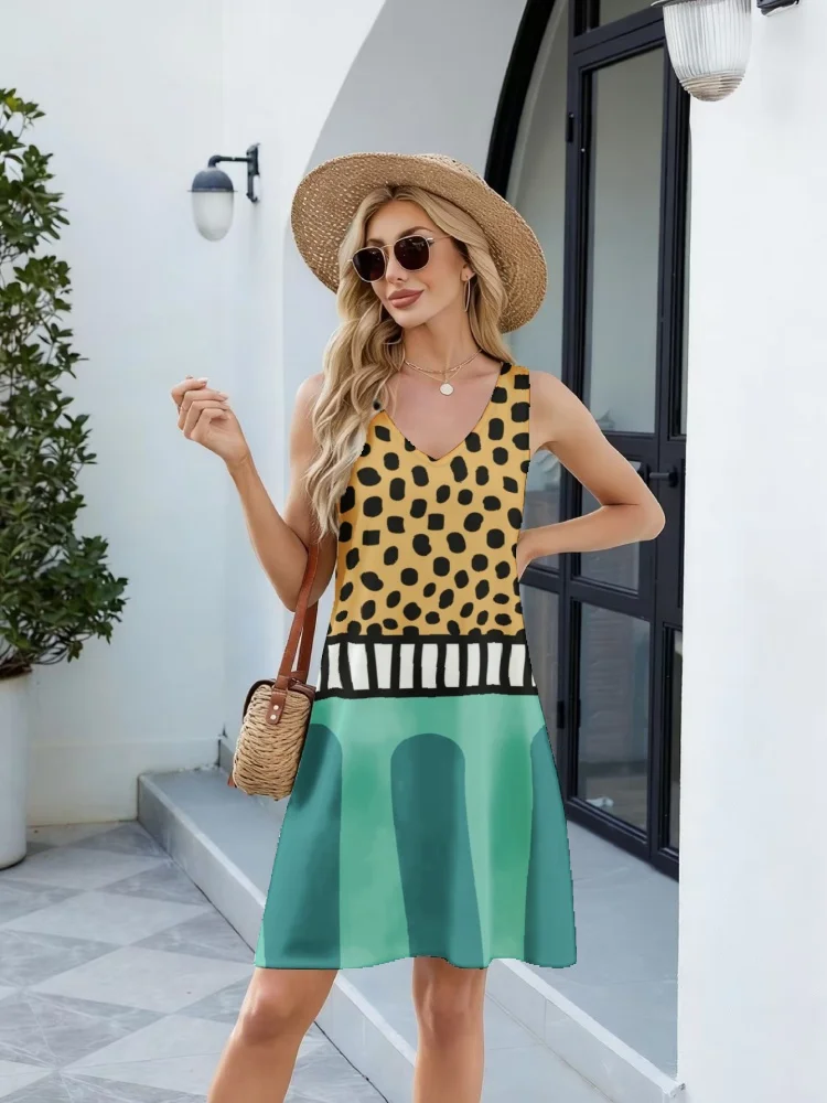 

2026 New Tank Dress Women's Color Block Geometric Abstract Print Sleeveless Sundress V-Neck Loose A-Line Casual Summer Robe