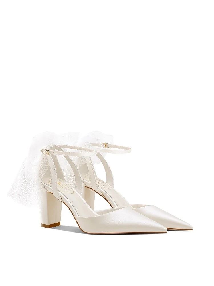 High-heeled sandals spring and summer new pointed mesh bow silk forged wedding shoes banquet dress thick-heeled women's shoes