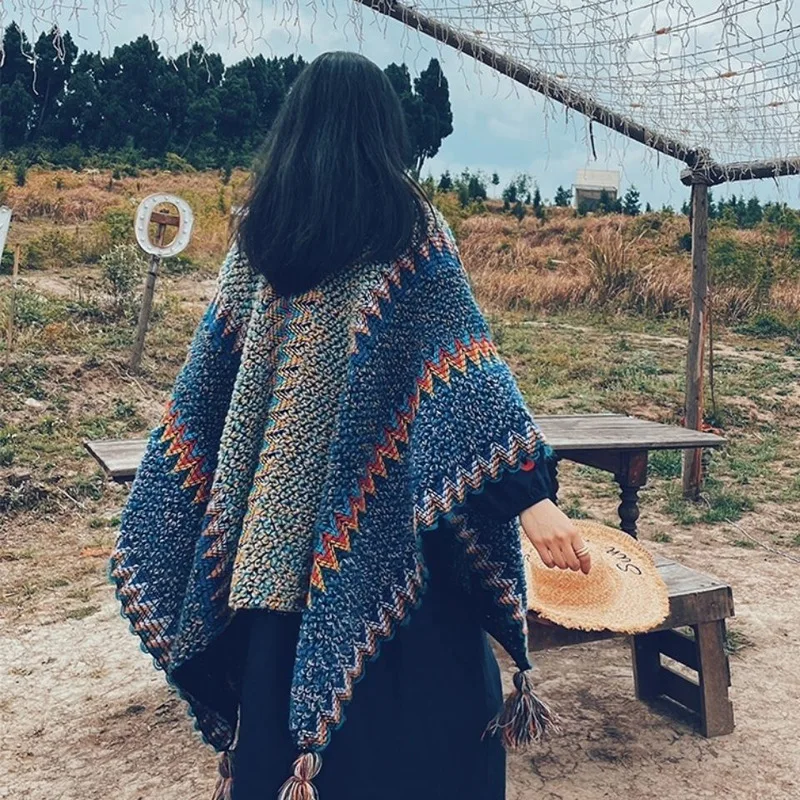 Warm Cloak Travel Photo Dual-use Shawl Yunnan Travel Air Conditioning Outside To Take Ethnic Wind Wool Knit Cardigan