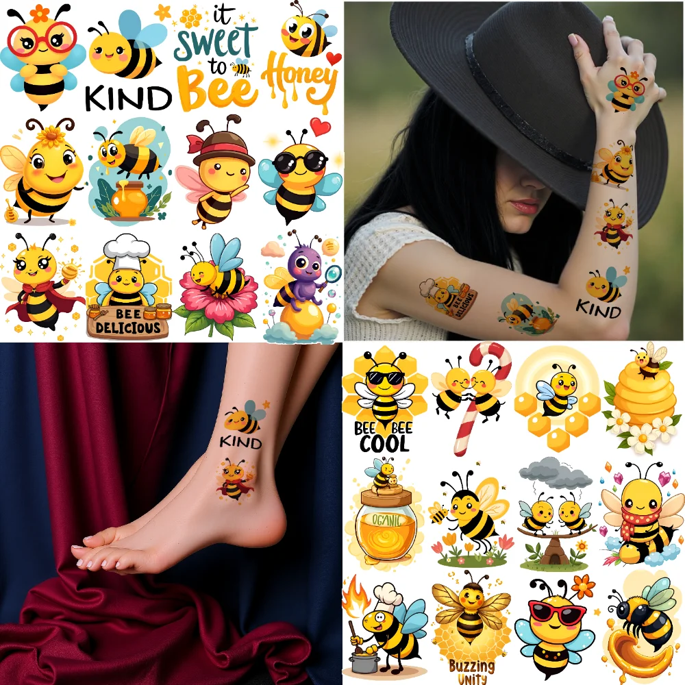 

63pcs Temporary Tattoo Cartoon Bees Temporary Tattoo Stickers Honey Quotes Bee Illustrations Cartoon For Cheeks Boys Women