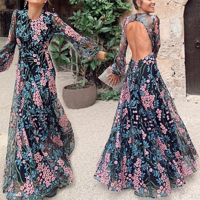 Elegantes 2025, hohles, rückenfreies A-Linien-Kleid für Damen, hohe Taille, Blumenmuster, Abendkleid, Frühling, lässig, langärmelig, plissiertes Kleid