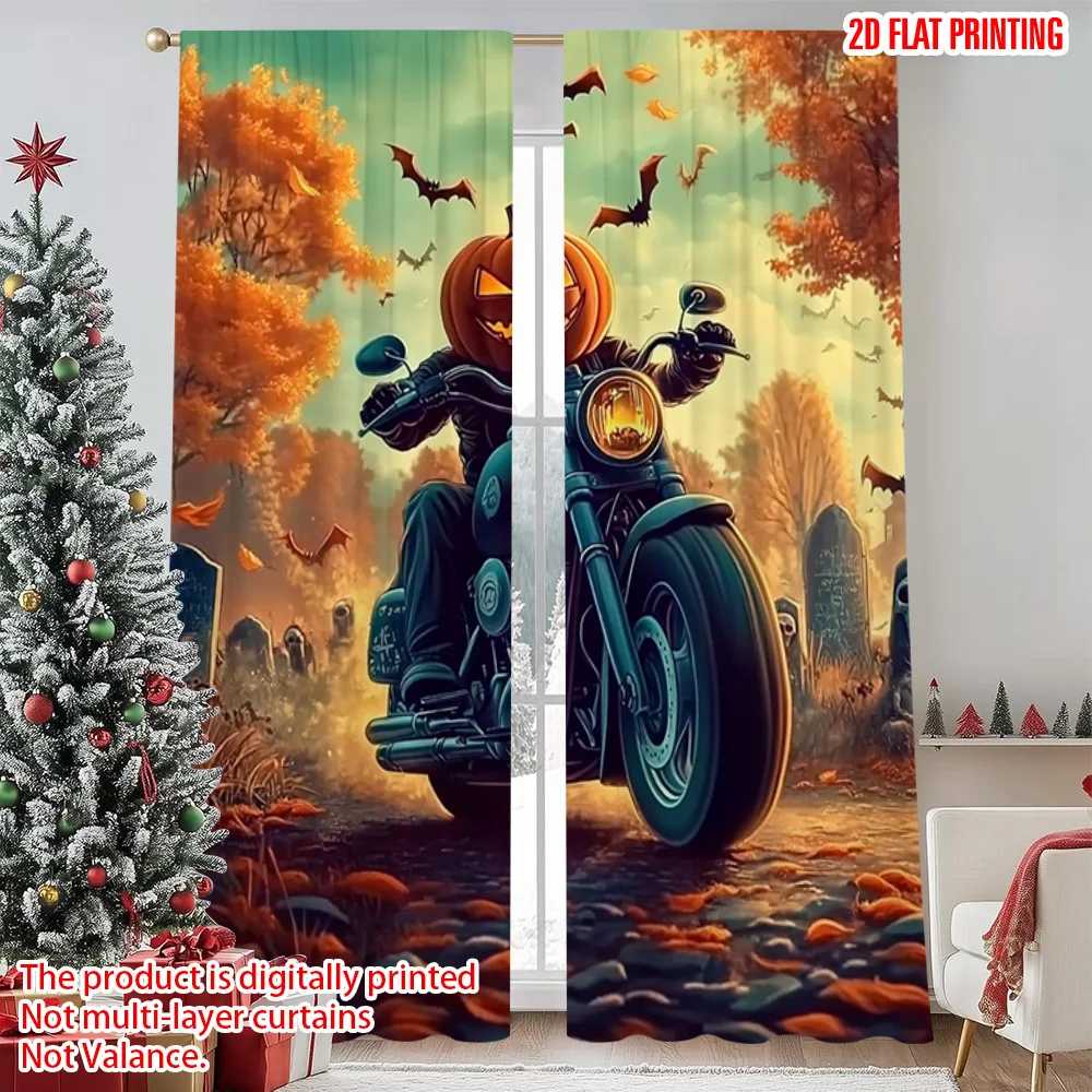 

2pcs 2D flat printing Merry Christmas Popular Curtains Pumpkin Knight Durable 100% Polyester Fabric Without Electricity
