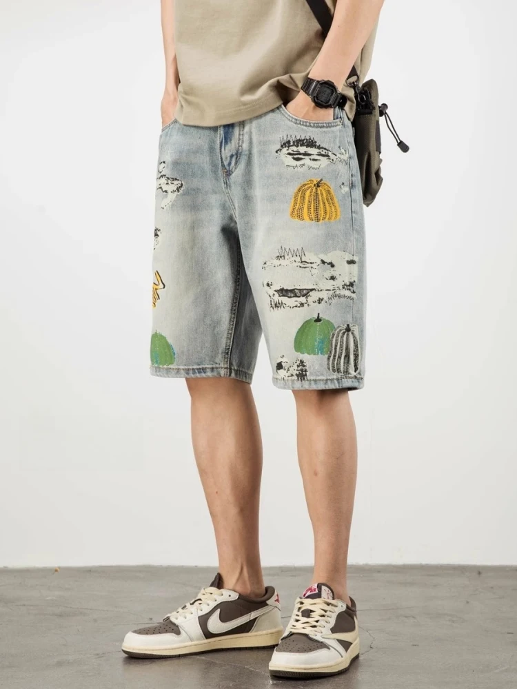 

Мужские джинсы Doodle Print, свободный крой, светлые, с эффектом потертости, длина до колена, повседневные, летние, тонкие, прямые, со средней посадкой