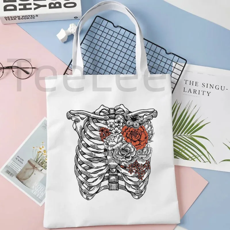 Women Shopper bag Flower Skeleton Printed Skull Harajuku Bags Shopping Canvas Shopper Bag girl handbag Tote Shoulder Lady