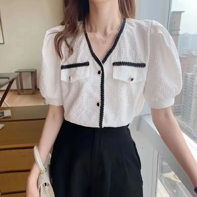 Summer Short Sleeve Elegant Shirt for Women V-Neck French Style Casual Loose Korean Blouse Puff Sleeve White Top Pleated Clothes