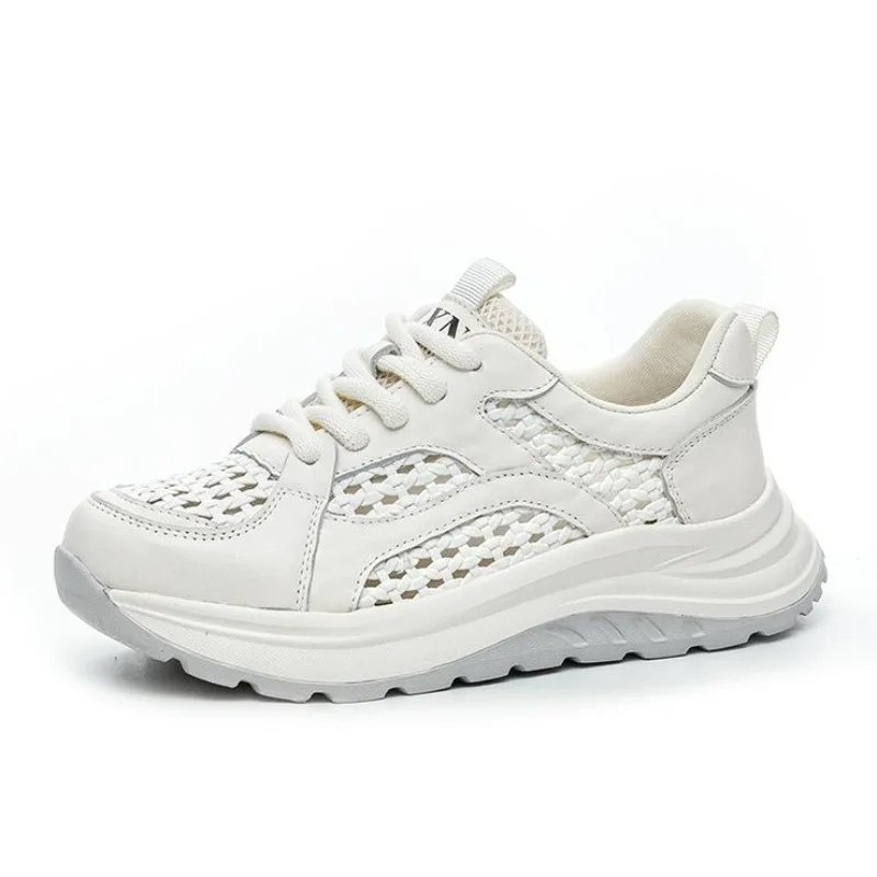 

Летняя обувь из тканой сетки 4,5 см, женские легкие дышащие повседневные кроссовки из натуральной кожи на толстой подошве со шнуровкой, женская обувь 2025 г.