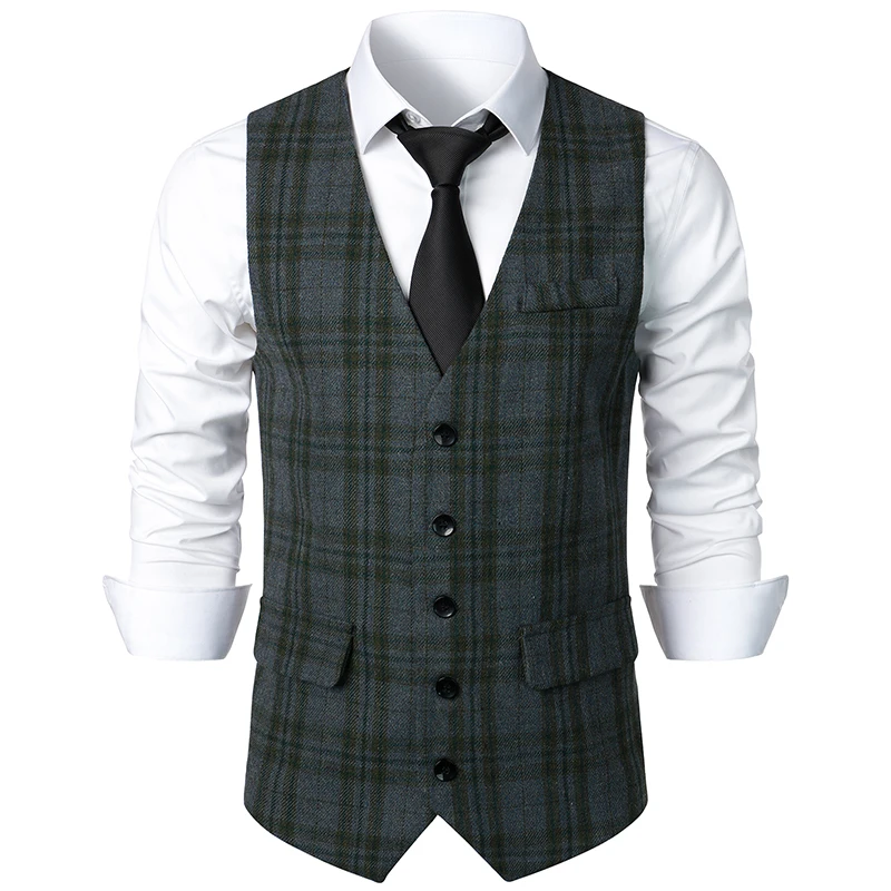 Men's Formal Suit Vest V-Neck Tweed Herringbone Waistcoat Business Dress Suit Vests for Wedding