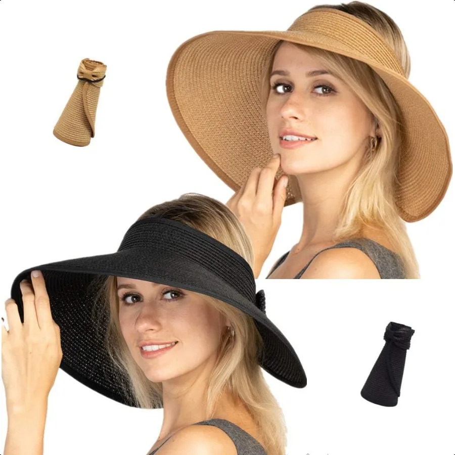 

Women Sun Visors Foldable Straw Hats Summer Beach Packable Hat Floppy Wide Brim Cap Deep Style Adjustable Size