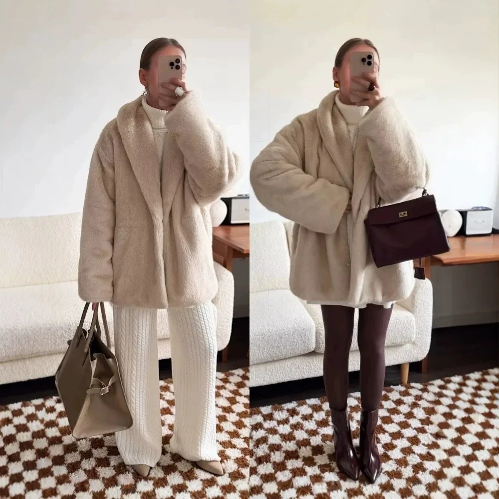 Autumn and Winter Thickened High-quality Mink Hair Jacket Waist Slim Green Fruit Collar Imitation Fur Coat Warm Texture Fashion