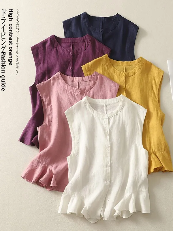 เสื้อกั๊กผ้าลินินทรงกลมแบบสบายๆ ไซส์ใหญ่สำหรับผู้หญิง ติดกระดุมเม็ดเดียว ตัดต่อผ้า ระบายอากาศได้ดี สีพื้น