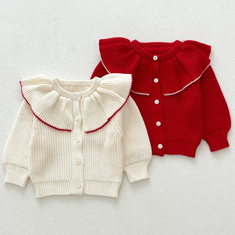 

Вязаный кардиган для маленьких девочек 0-3 лет, новинка 2025 года, рождественский красный кардиган, пальто, свитер с длинными рукавами для новорожденных девочек, пальто
