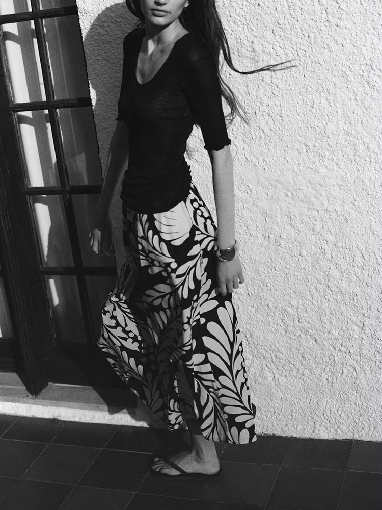 

Summer New Women's Casual Print Elastic Waist Bell Bot Midi Skirt Vaion Sle High Waist Long Skirt Commute Sle