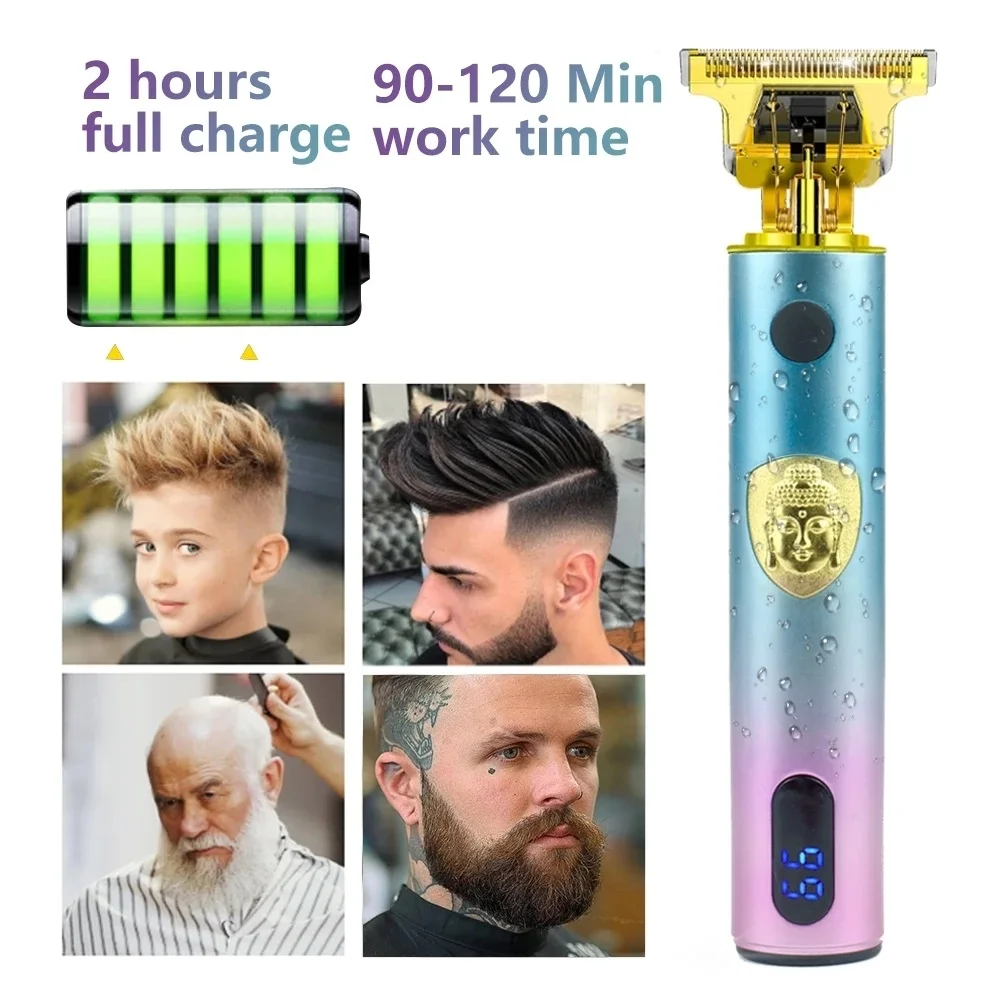 ماكينة تشذيب الشعر الاحترافية T9 للرجال - جسم ملون ناعم الملمس، LED، شفرة حادة، ماكينة قص محمولة