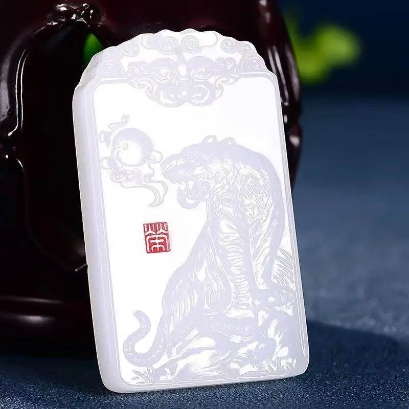 Natural Afghan White Jade Tiger Pendant Fashion Boutique Jewelry Men's and Women's Twelve Zodiac Necklace Gifts
