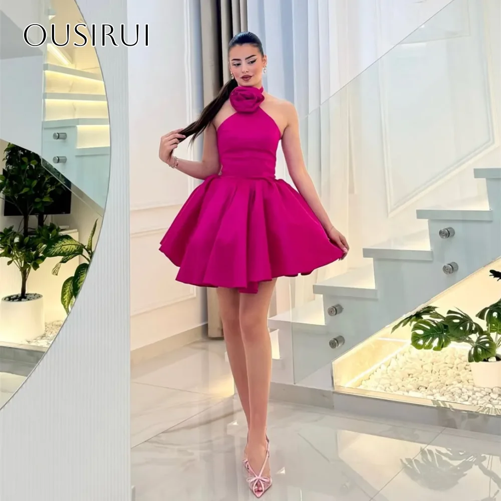 

Ruffled Halter Flower Satin Short A-line Cocktail Dresses Sleeveless Formal Party Wear Customized شارون سعيد