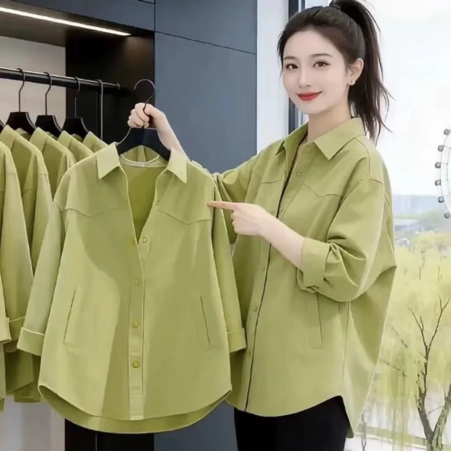 

Женская рубашка цвета авокадо, весенне-осенняя, свободного кроя, модный топ, женская верхняя одежда с длинным рукавом, воротником, из чистого хлопка