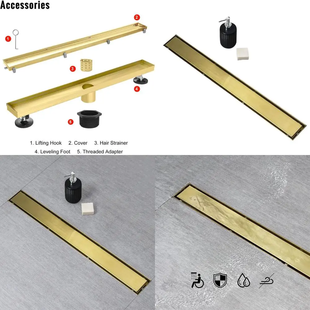 

24 Gold Linear Shower Drain with Tile Insert, Flat Panel, Hair Strainer, Leveling Feet, AISI 304 Stainless Steel