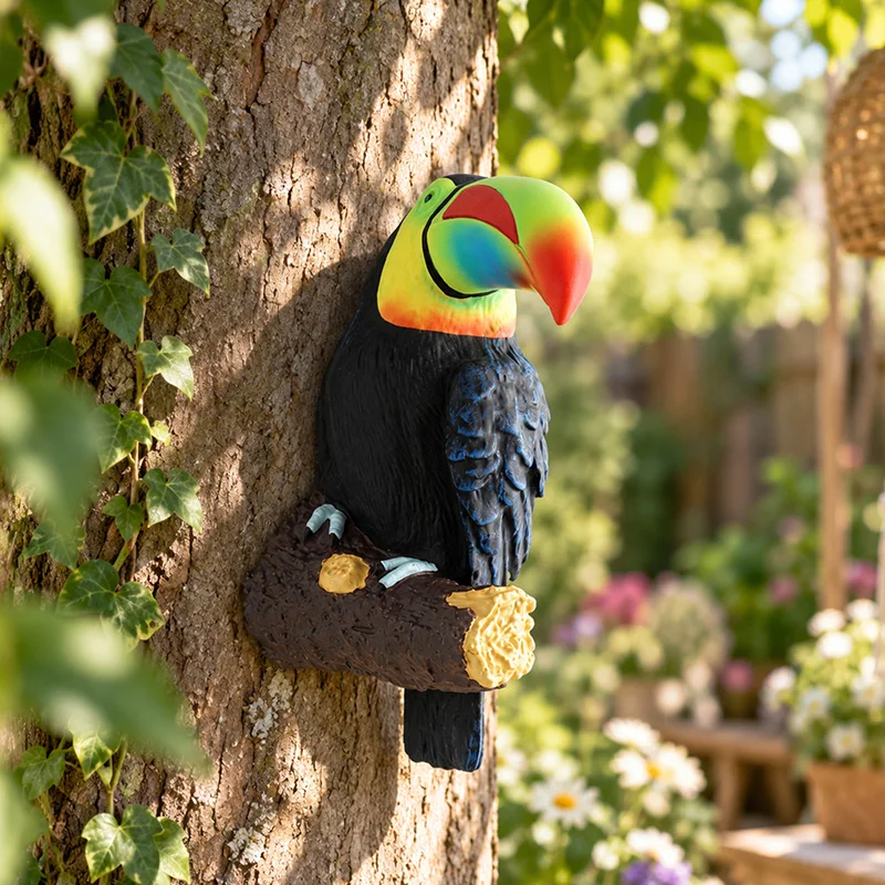Tropical Toucan Resin Wall Sculpture, Colorful Toco Toucan on Branch Ornament for Patio Tree Living Room Wall Decor Gift