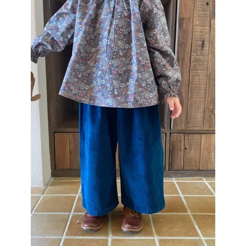 Children Clothing Kids Casual Pants Spring Autumn 2023 New Korean Style Solid Color Loose Simple Wide Leg Girls Corduroy Pants