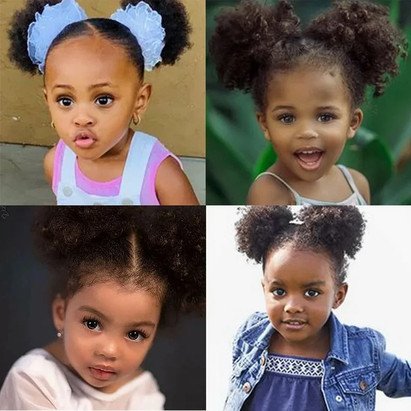 Kids Afro Puff Drawstring Ponytail Human Hair Brazilian Short Curly Drawstring Ponytail Afro Puff Bun Chignon Accessories