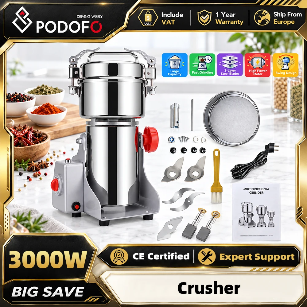 Podofo 800G 3000W Macinatore Elettrico di Cereali 180 ° Macinino per Spezie Commerciale a Dondolo 25000RPM in Acciaio Inox 304 di Grado Alimentare, Trituratore per Alimenti Secchi per Cereali,