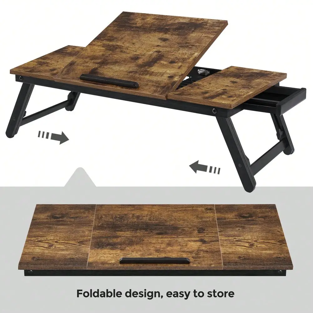 

Столик для ноутбука, поднос для завтрака на кровать/диван, регулируемая наклонная столешница, для правой и левой руки, регулируемые складные ножки, выдвижной ящик, темно-коричневый, в деревенском стиле
