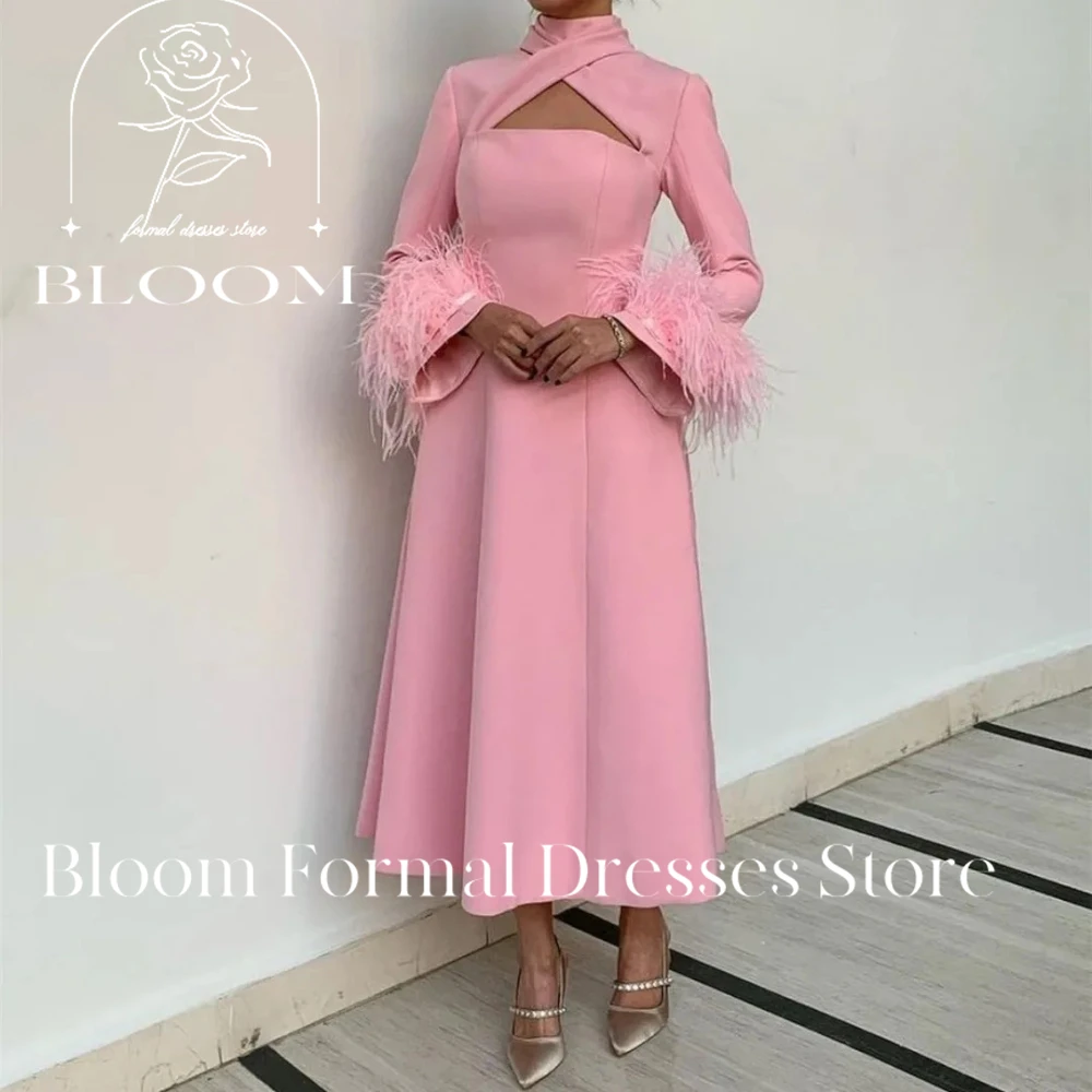 

Bloom Customized Pink Crepe Evening With Feathers Long Sleeves Halter Cut-out Tea Length Simple Party For Prom Formal Dress